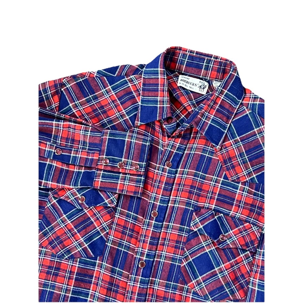 Vintage 80s Genuine Roebucks Pearl Snap Flannel Shirt Plaid Western Rockabilly M